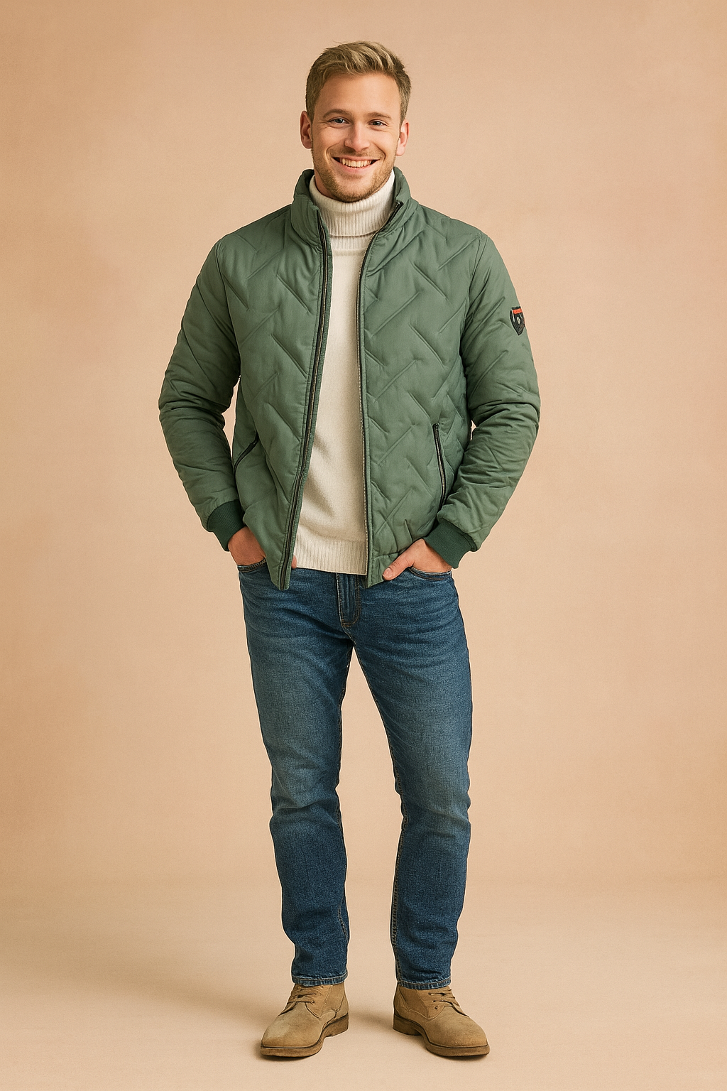 Sage green quilted jacket with V-shaped stitching, zip closure, black-trimmed zipper pockets, styled with a white turtleneck, slim blue jeans, and beige suede boots.