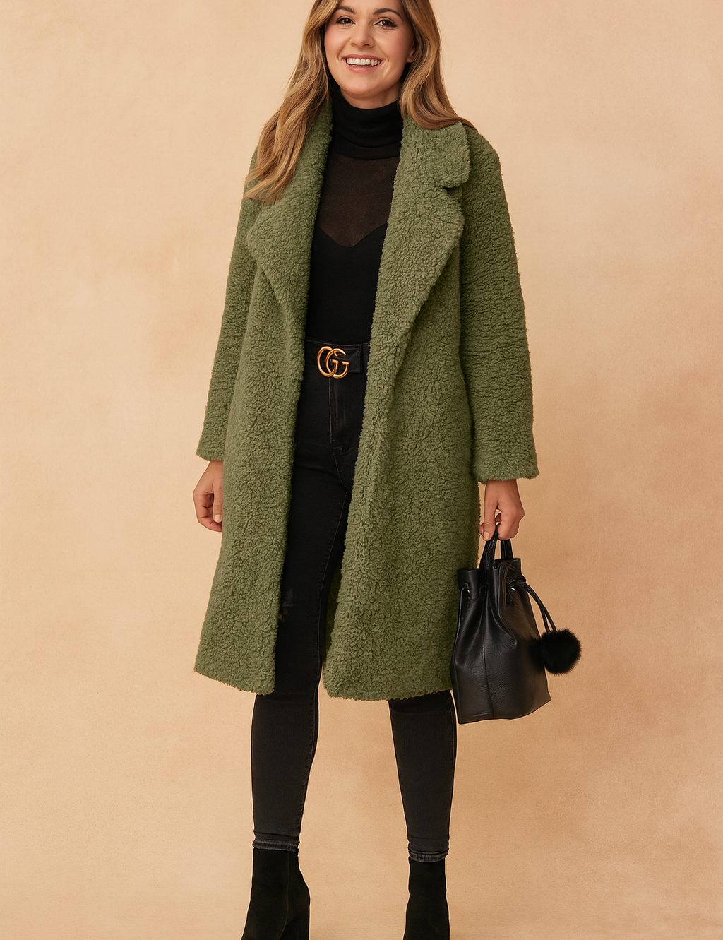 Sage green textured teddy coat paired with a sheer black turtleneck, black skinny jeans, black heeled ankle boots, and a black leather drawstring bag with pompom detail.
