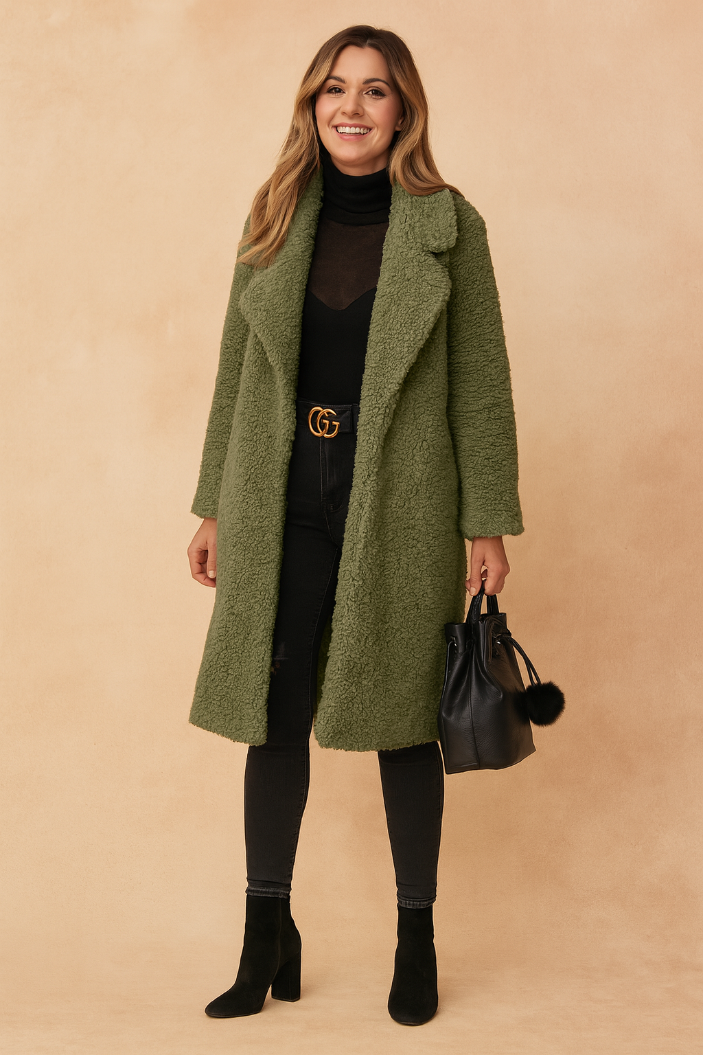 Sage green textured teddy coat paired with a sheer black turtleneck, black skinny jeans, black heeled ankle boots, and a black leather drawstring bag with pompom detail.