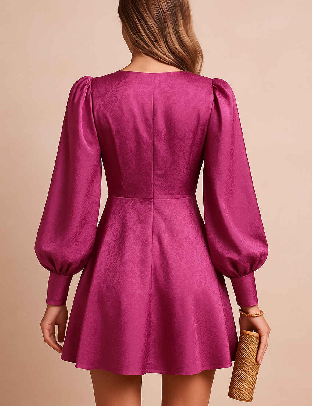 Back view of pink satin mini dress for women with long puff sleeves and jacquard floral pattern.
