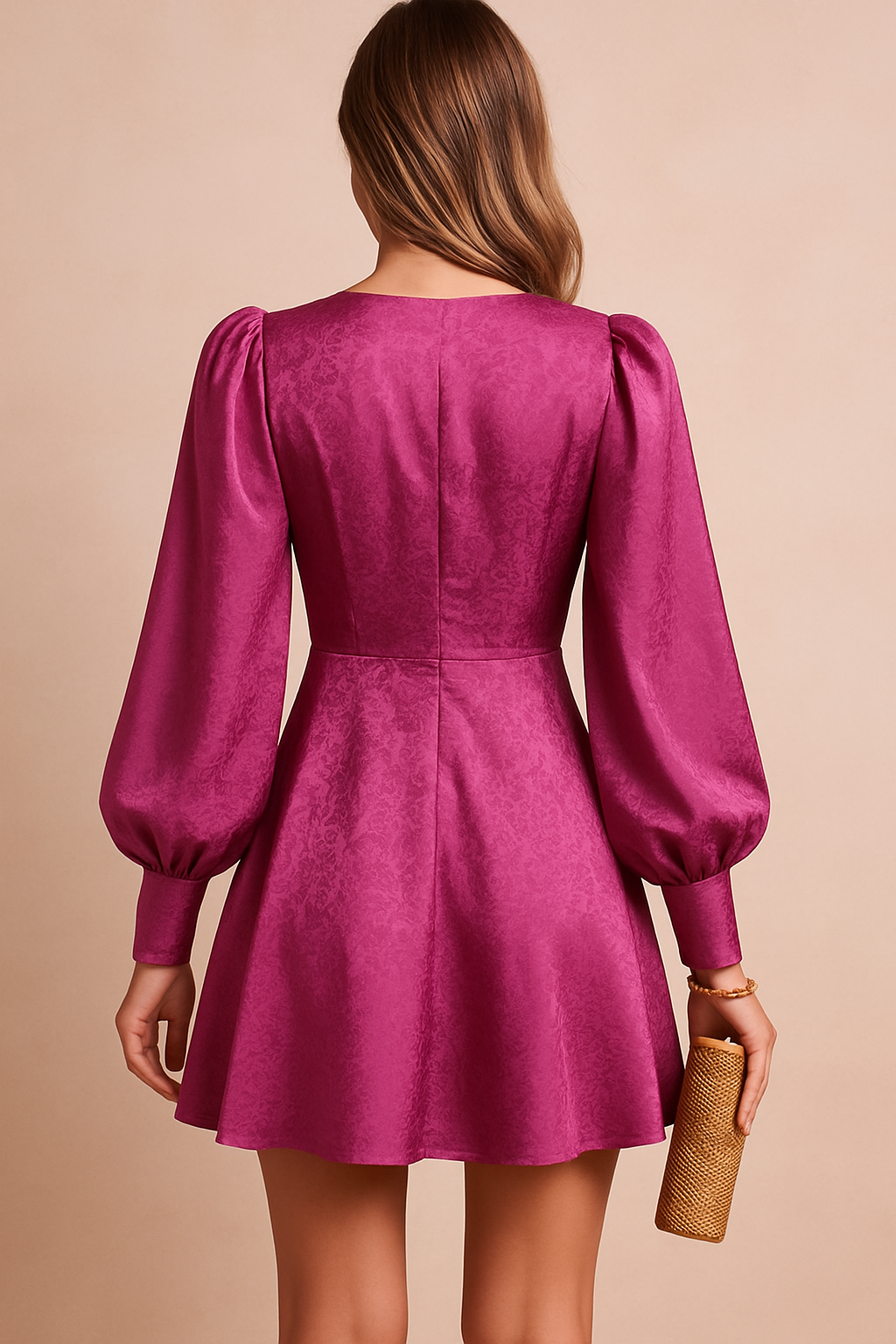Back view of pink satin mini dress for women with long puff sleeves and jacquard floral pattern.