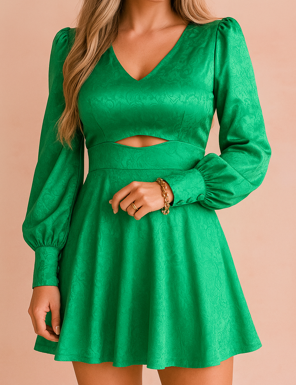 Green satin mini dress for women with modest V-neck, long puff sleeves, and front cut-out detail.