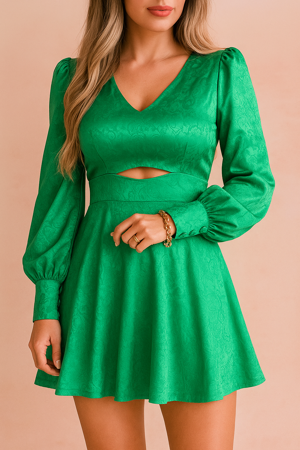 Green satin mini dress for women with modest V-neck, long puff sleeves, and front cut-out detail.