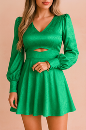 Green satin mini dress for women with modest V-neck, long puff sleeves, and front cut-out detail.