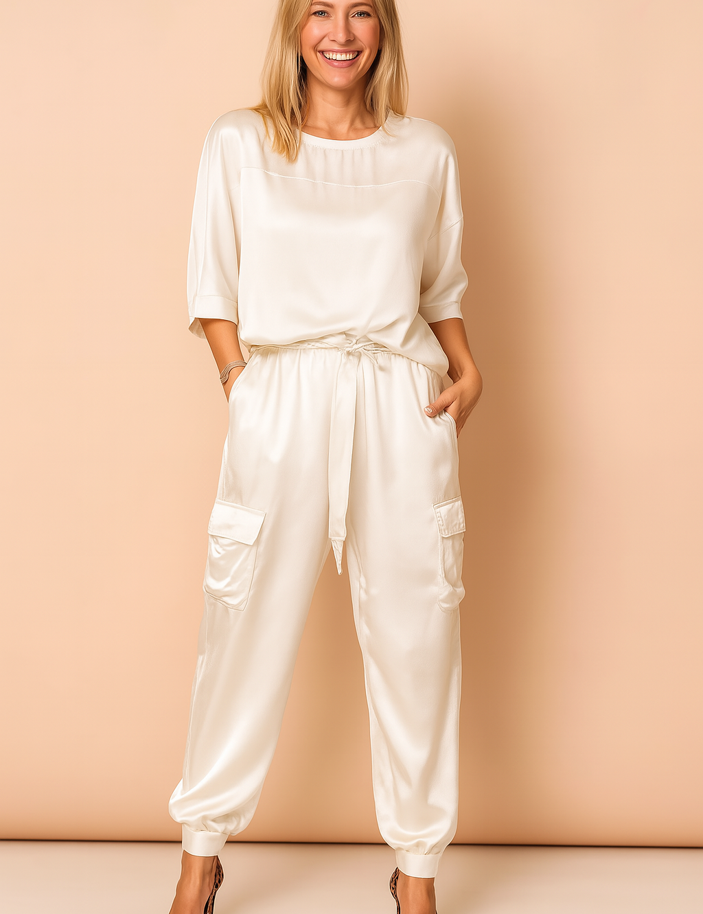 Two-piece satin co-ord set featuring a relaxed-fit blouse with elbow-length sleeves and drawstring high-waist cargo pants with flap pockets and elastic cuffs.