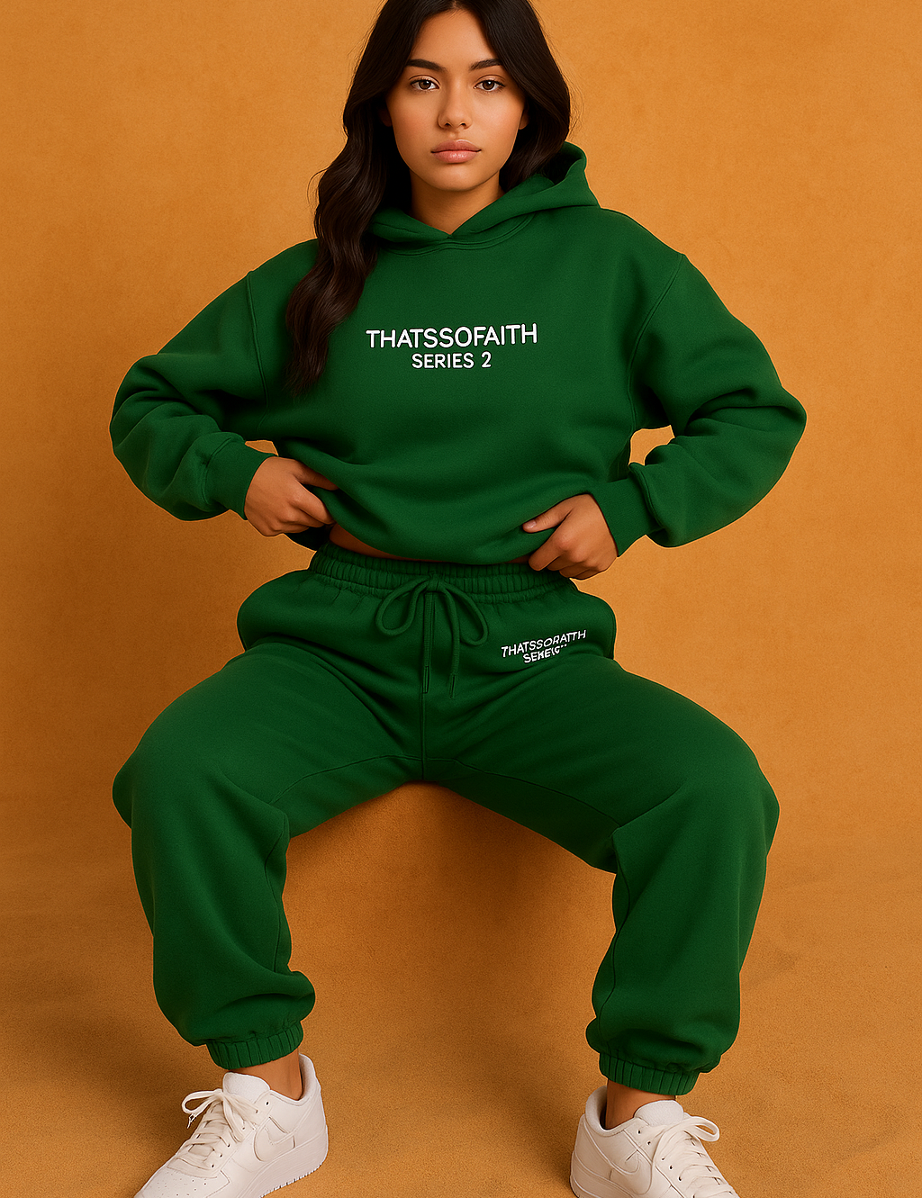 Deep green hoodie and jogger set with bold "THATSSOFAITH SERIES 2" print on the chest and hip, featuring a drawstring waist, kangaroo pocket, and gathered cuffs, styled with white athletic sneakers.