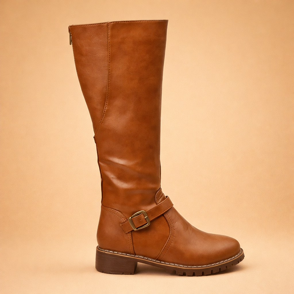 side-profile-posed-model-cognac-knee-high-buckle-boot-studio-shot.png