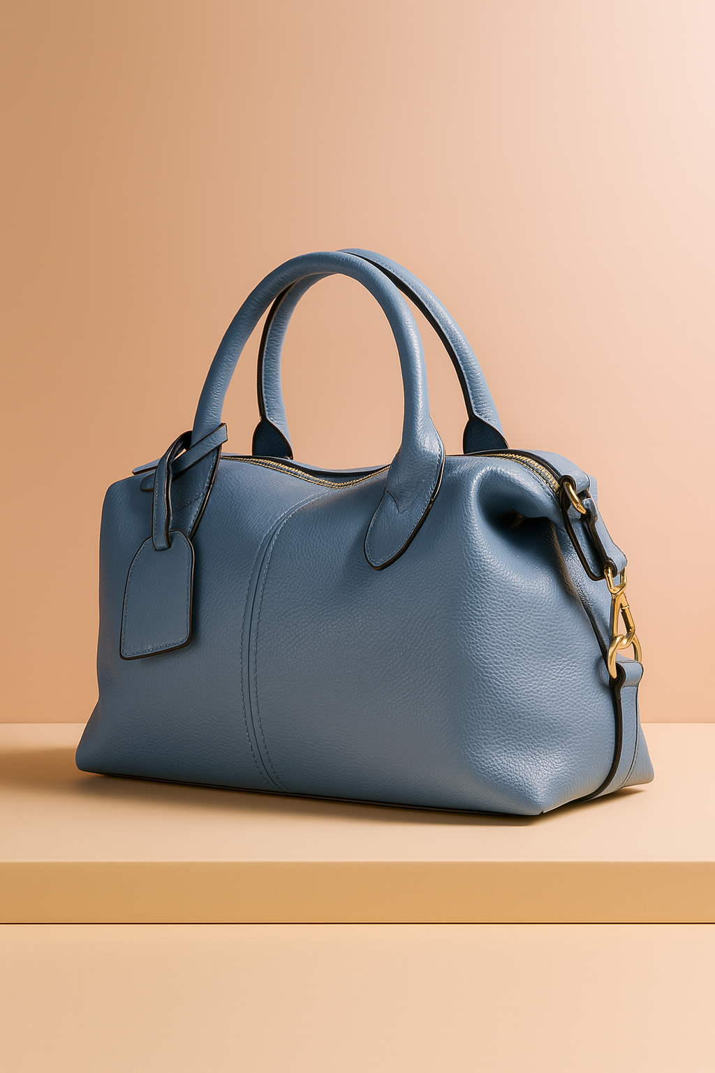 Sky blue pebbled leather satchel handbag with dual top handles, gold hardware, and an attached luggage tag, displayed on a neutral platform with a warm sand and pastel pink gradient background.