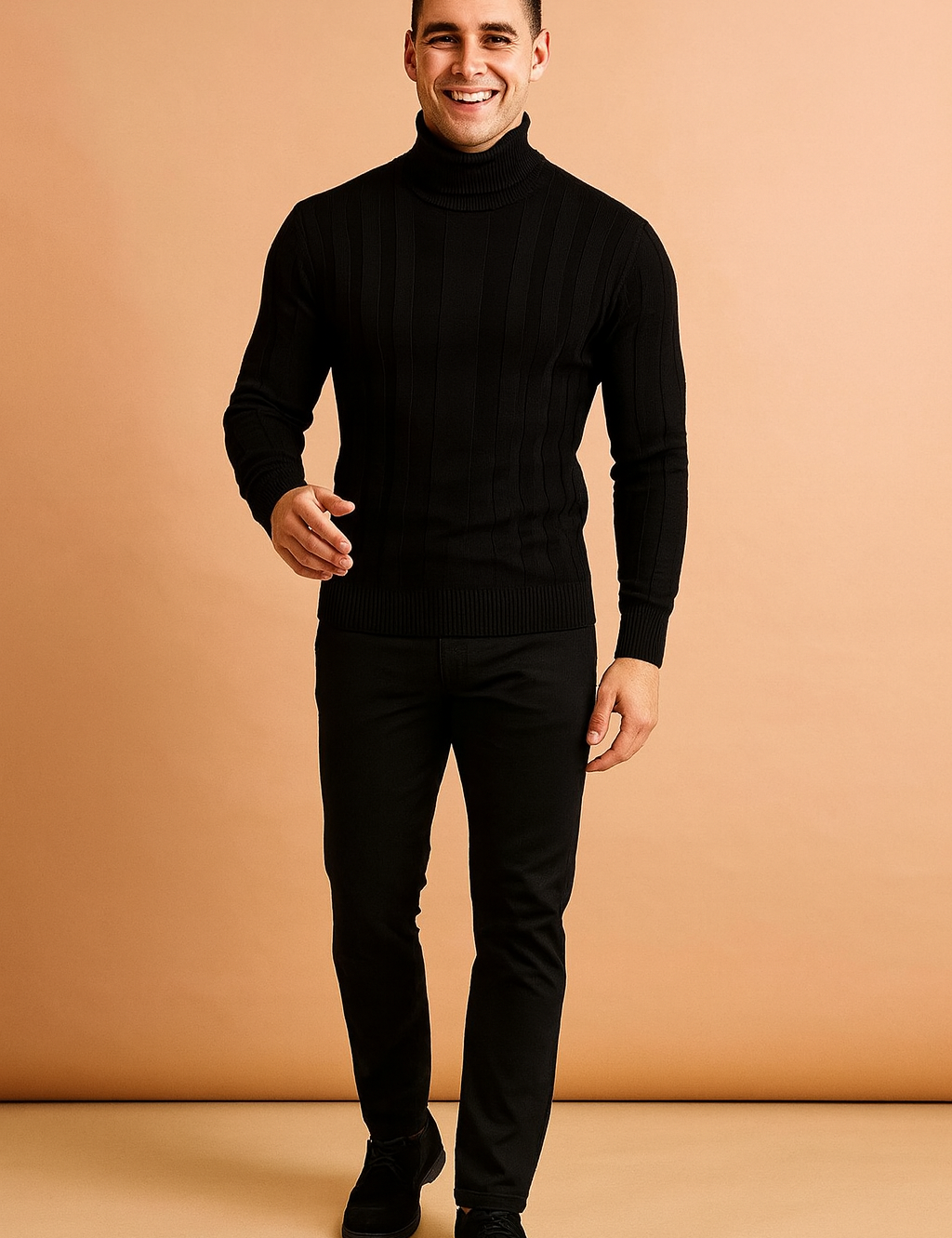 Men’s slim-fit black turtleneck sweater with subtle vertical ribbed texture, long sleeves, and a modern minimalistic design for a refined, versatile look.