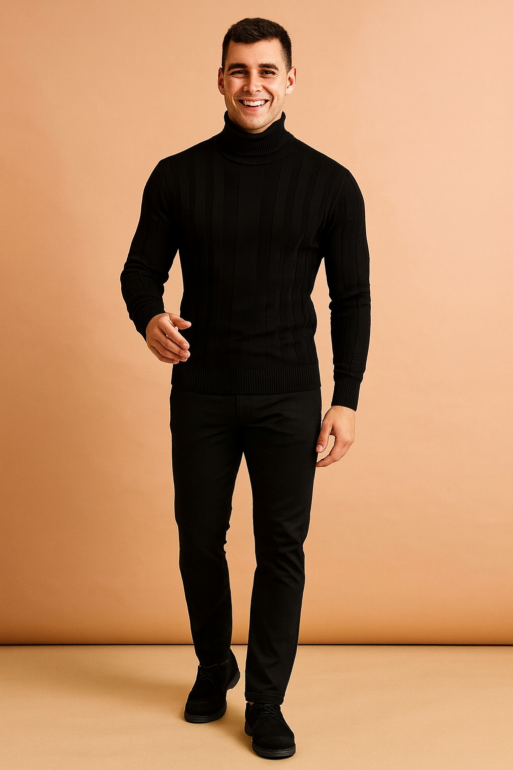 Men’s slim-fit black turtleneck sweater with subtle vertical ribbed texture, long sleeves, and a modern minimalistic design for a refined, versatile look.