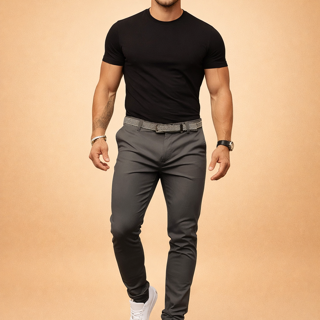 Slim-fit tailored pants with a clean tapered leg, smooth structured drape, mid-rise waist, straight front closure, and a refined belt detail, styled with a fitted short-sleeve top and minimalist low-profile sneakers.