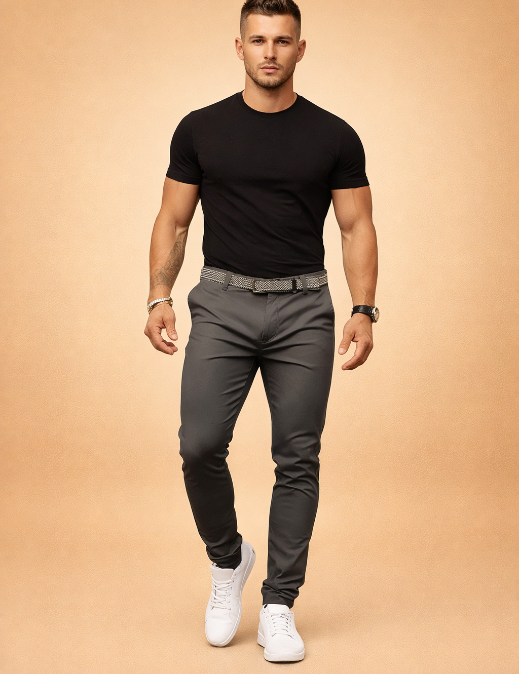 Slim-fit tailored pants with a clean tapered leg, smooth structured drape, mid-rise waist, straight front closure, and a refined belt detail, styled with a fitted short-sleeve top and minimalist low-profile sneakers.