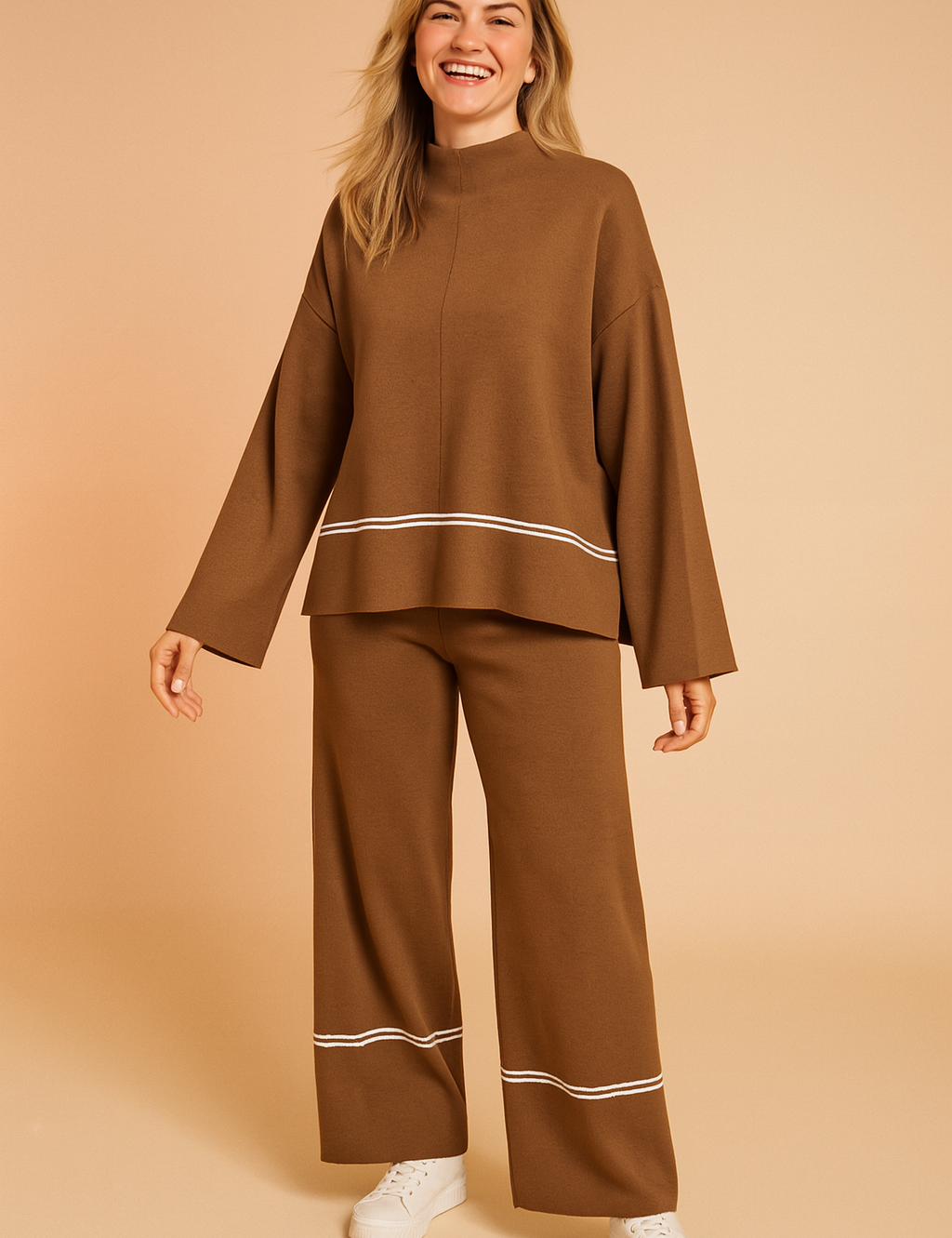 Cozy camel brown two-piece knit lounge set with white piping detail on the hem of the oversized top and near the cuffs of the wide-leg pants, crafted from soft jersey knit fabric for casual comfort.