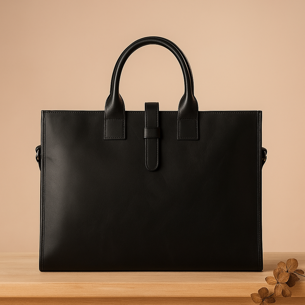 Smooth black leather handbag with structured shape, top handles, front zipper pocket, and gold hardware, presented on a neutral platform with a soft gradient backdrop.