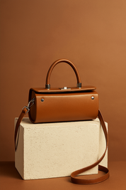 Smooth cognac-brown leather handbag with top handle, silver-tone hardware, and detachable strap, presented on a minimalist pedestal with soft gradient lighting.
