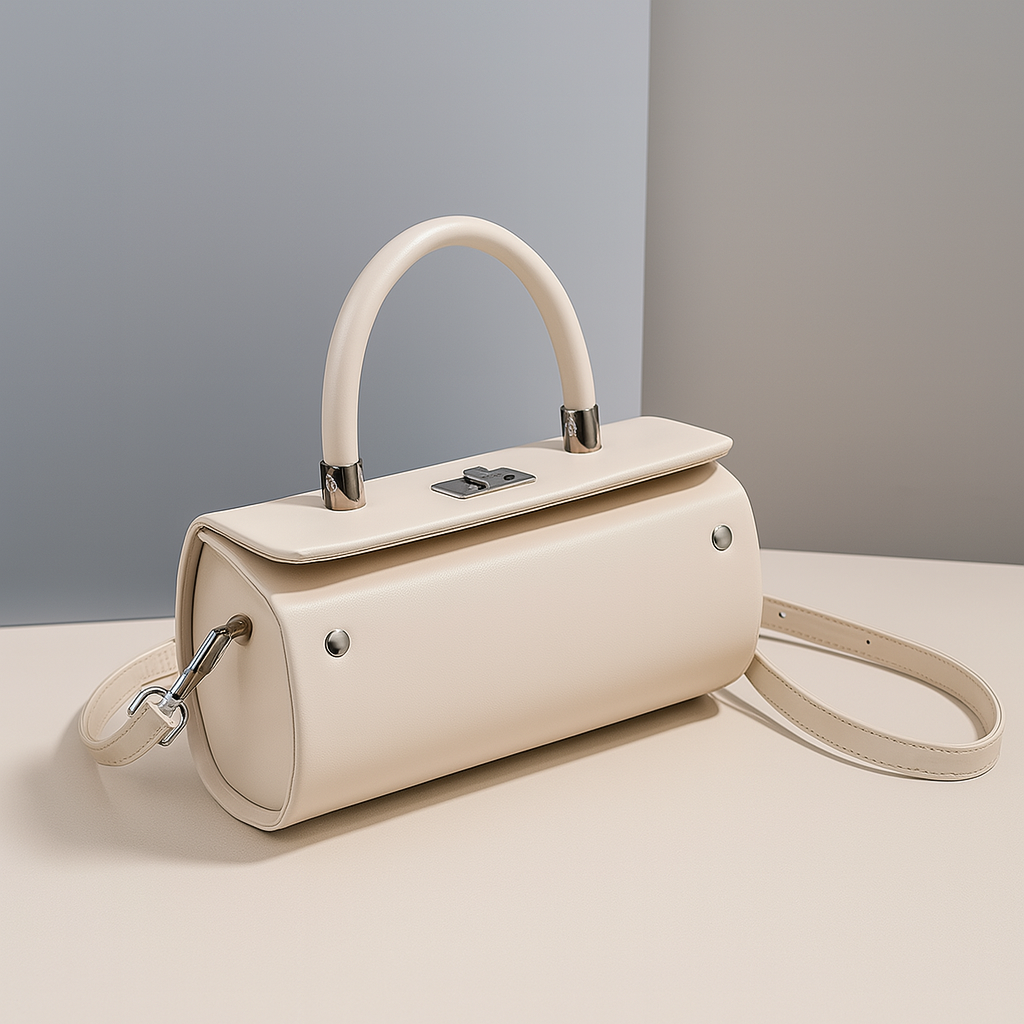 Smooth off-white cylindrical handbag with silver hardware, top handle, and detachable strap on a neutral platform.