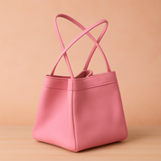 Soft pink pebbled leather tote bag with double handles and clean seams, presented on a light wood surface against a warm sand and pastel pink gradient background.
