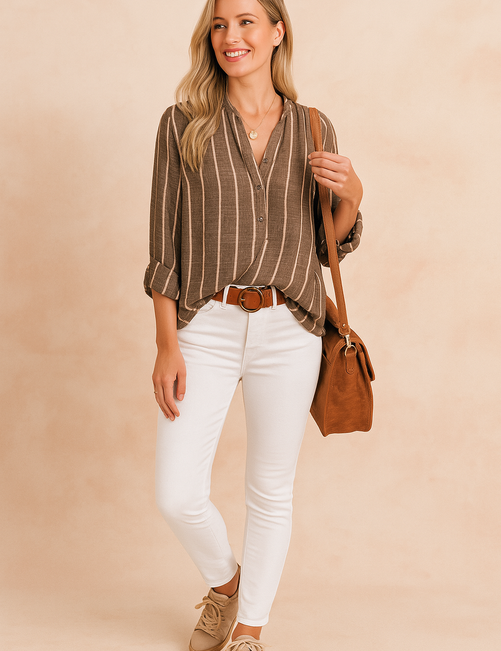 Dark charcoal button-up blouse with vertical white stripes, featuring rolled sleeves and a relaxed fit, paired with fitted white pants and a brown belt.