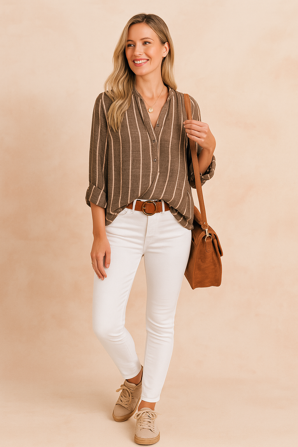 Dark charcoal button-up blouse with vertical white stripes, featuring rolled sleeves and a relaxed fit, paired with fitted white pants and a brown belt.