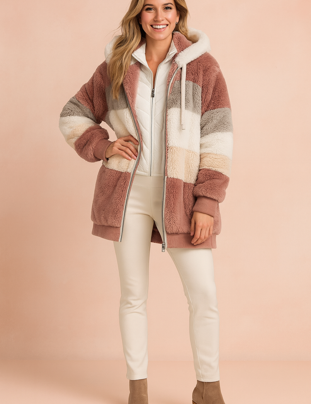 Striped faux fur hooded jacket in dusty rose, beige, white, and gray with ribbed cuffs and hem, styled over a white zip-up top and slim white pants paired with taupe suede ankle boots.