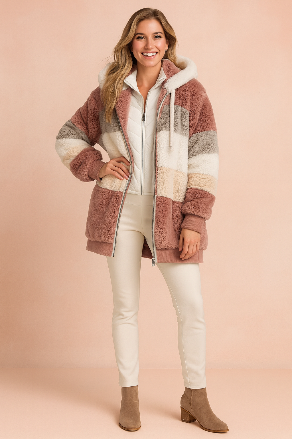 Striped faux fur hooded jacket in dusty rose, beige, white, and gray with ribbed cuffs and hem, styled over a white zip-up top and slim white pants paired with taupe suede ankle boots.