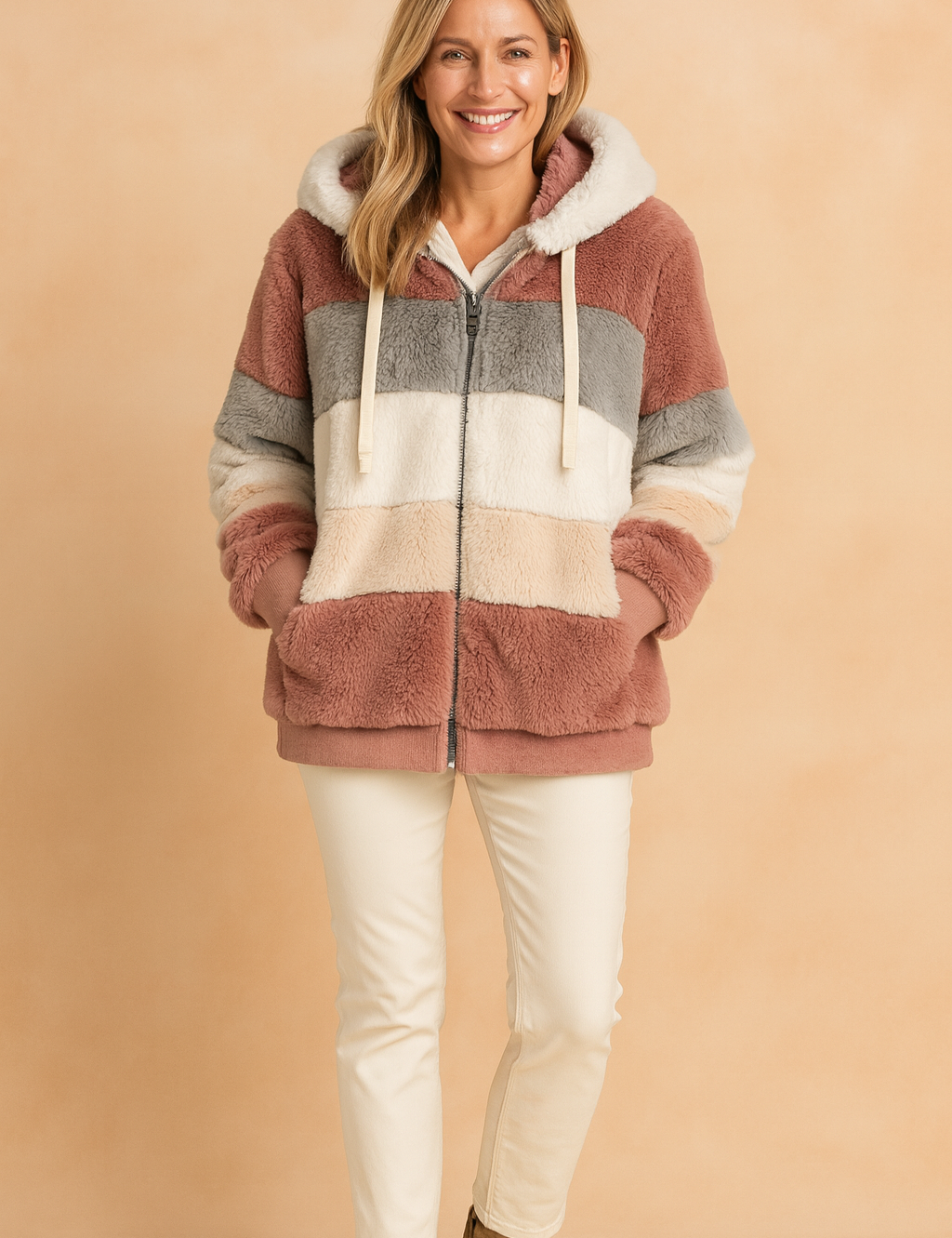 Striped faux fur hooded jacket with horizontal color blocks in dusty rose, light gray, off-white, and cream, paired with cream slim-fit pants and taupe ankle boots.