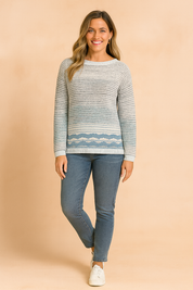 Women’s striped long sleeve sweater with textured knit pattern in soft gray tones and subtle blue border detailing, designed for casual and versatile wear