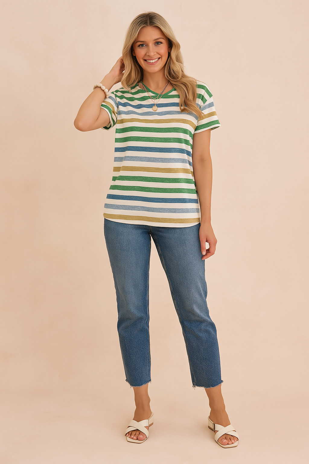 Short-sleeve striped T-shirt featuring alternating green, blue, mustard yellow, and white horizontal lines, paired with mid-wash denim jeans and white crisscross sandals.