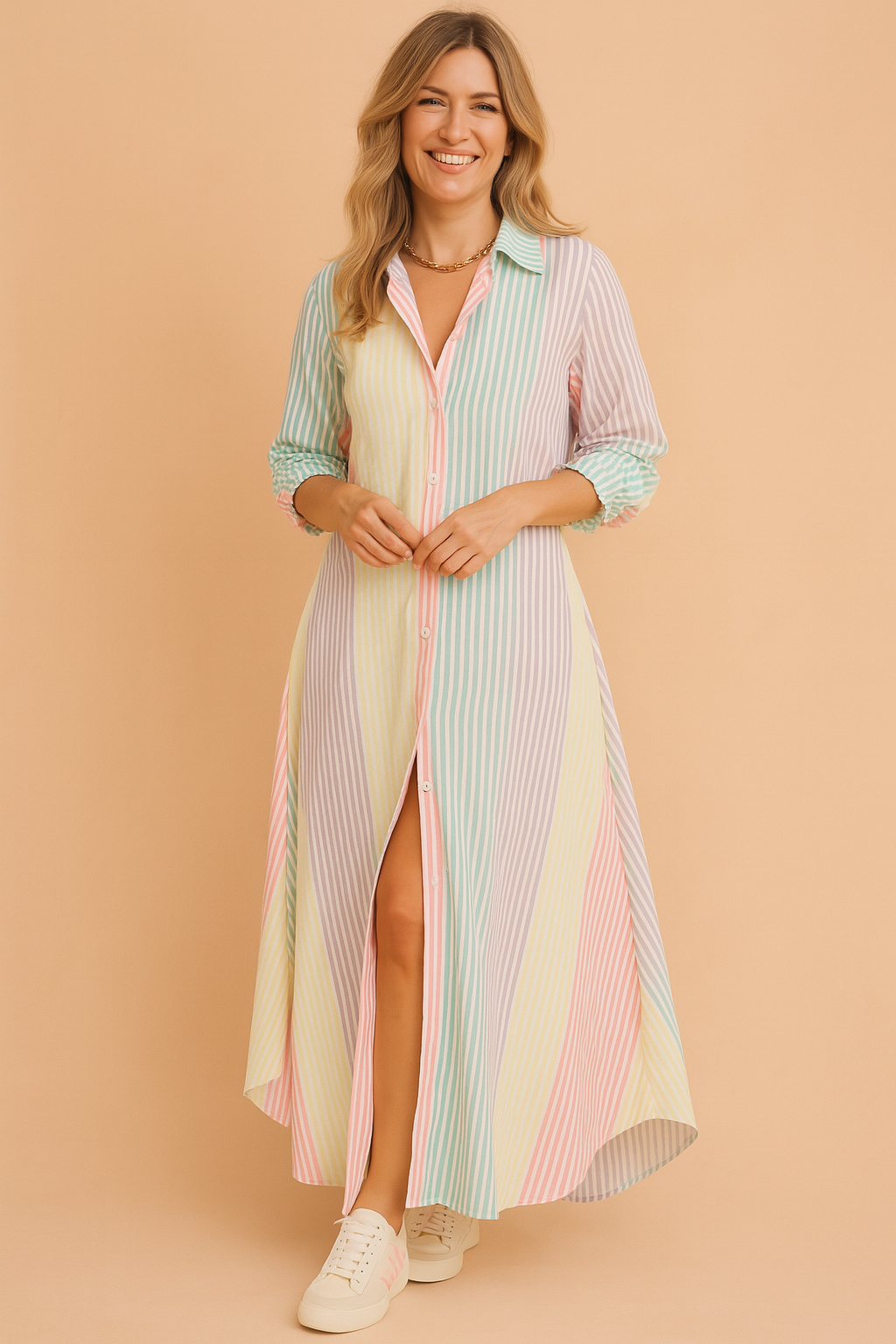 Long-sleeve button-down striped maxi shirt dress in vertical pastel tones of mint, lavender, blush pink, and butter yellow, featuring a high side slit and casual rolled cuffs, styled with white low-top sneakers.