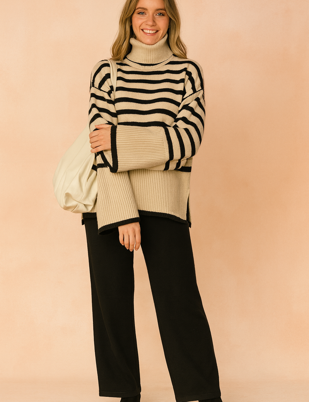 Beige and black striped turtleneck sweater with wide sleeves, paired with black wide-leg pants and black suede ankle boots, accessorized with an off-white tote bag.