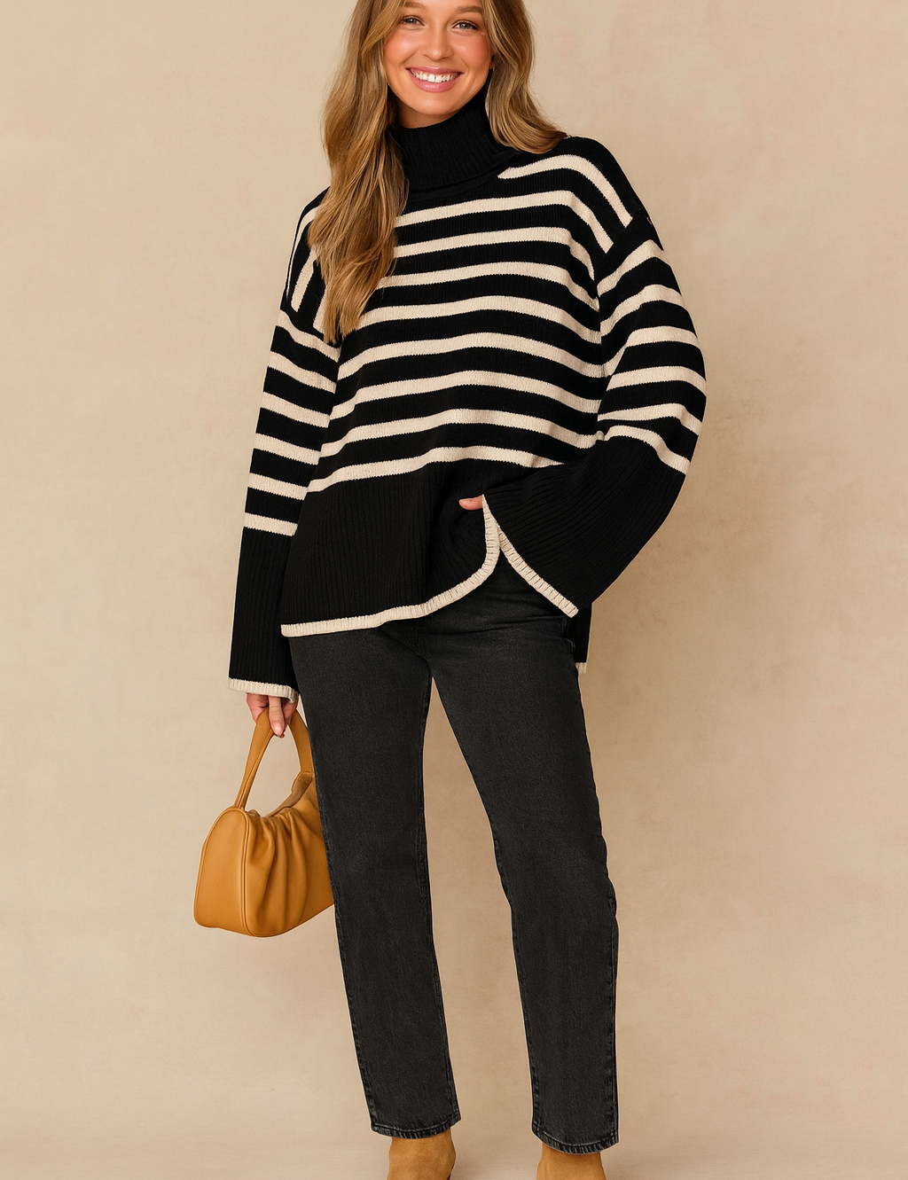 Black and cream striped oversized turtleneck sweater paired with straight-leg dark grey jeans and tan suede ankle boots, accessorized with a tan leather handbag.