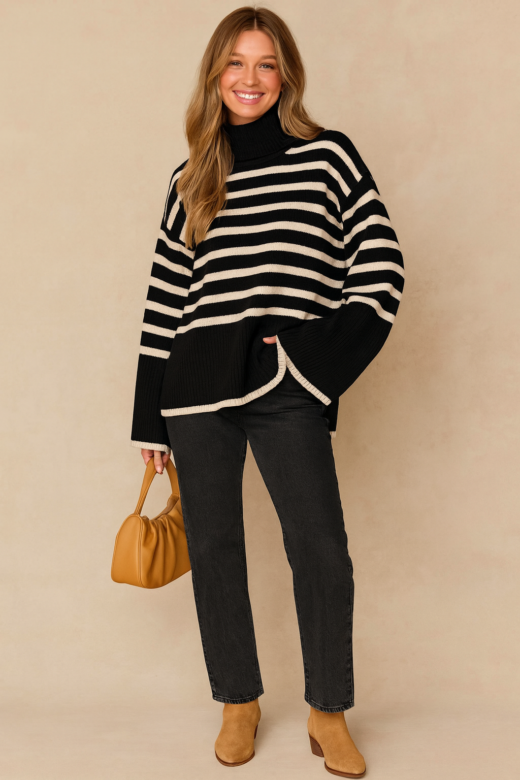 Black and cream striped oversized turtleneck sweater paired with straight-leg dark grey jeans and tan suede ankle boots, accessorized with a tan leather handbag.