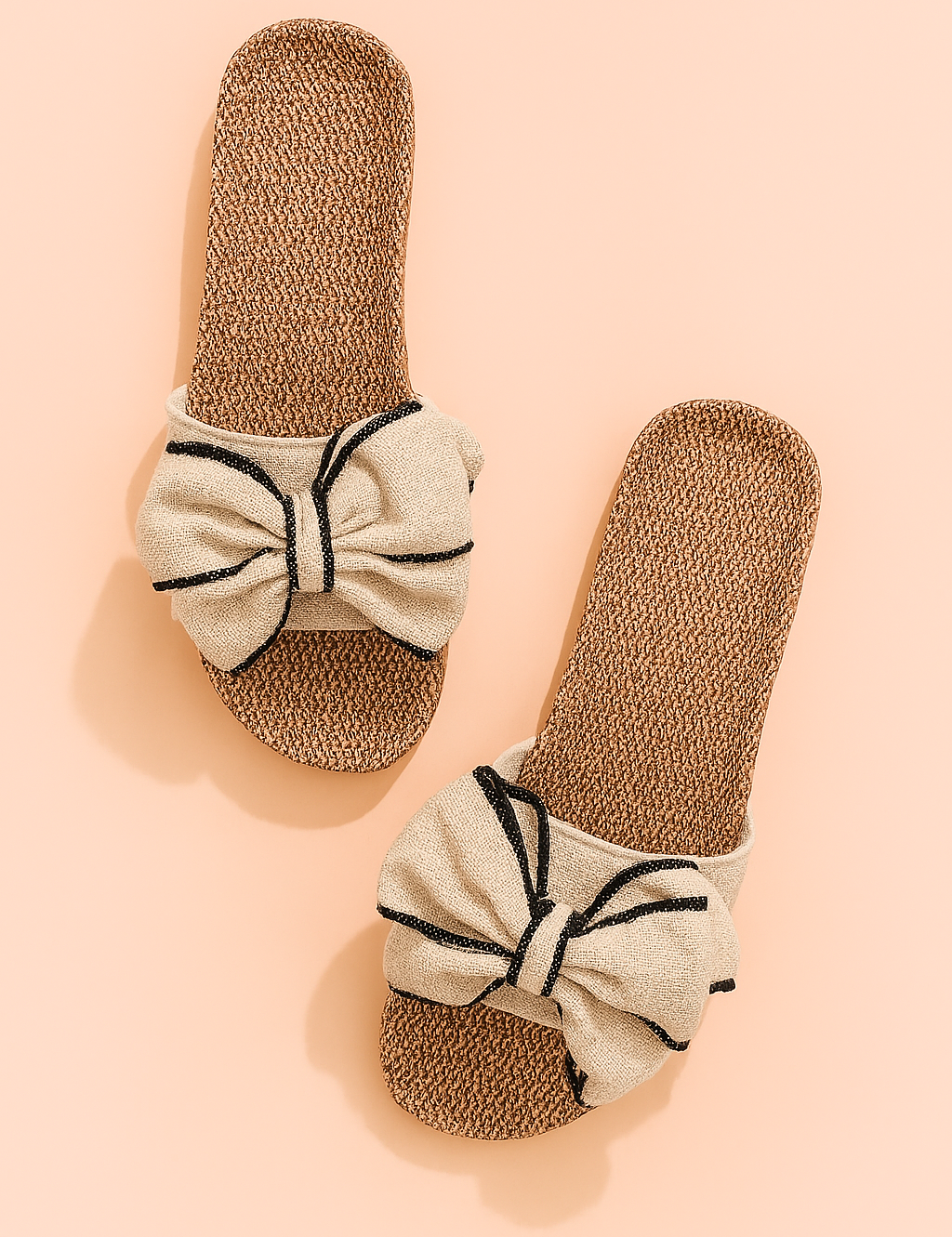 Natural woven flat sandals with textured brown soles and oversized cream linen bows trimmed in black thread.
