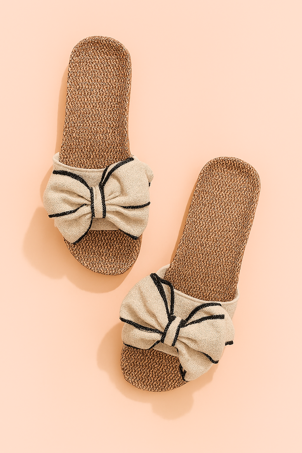 Natural woven flat sandals with textured brown soles and oversized cream linen bows trimmed in black thread.