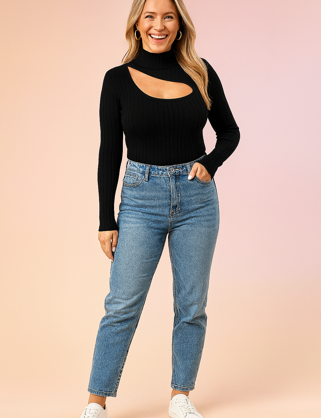 Black ribbed turtleneck top with asymmetrical chest cutout, paired with light blue high-waisted straight-leg jeans and white sneakers.