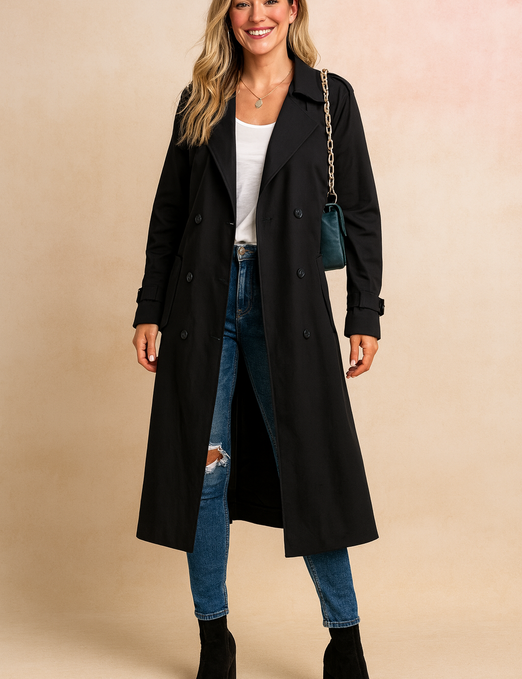 Black double-breasted trench coat paired with distressed blue skinny jeans, white scoop-neck top, black suede ankle boots, and a small green shoulder bag with gold chain strap.