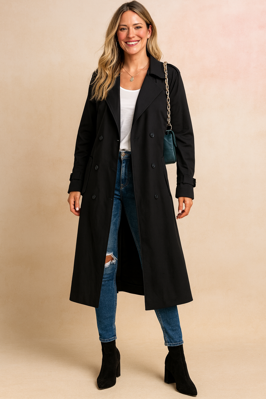 Black double-breasted trench coat paired with distressed blue skinny jeans, white scoop-neck top, black suede ankle boots, and a small green shoulder bag with gold chain strap.