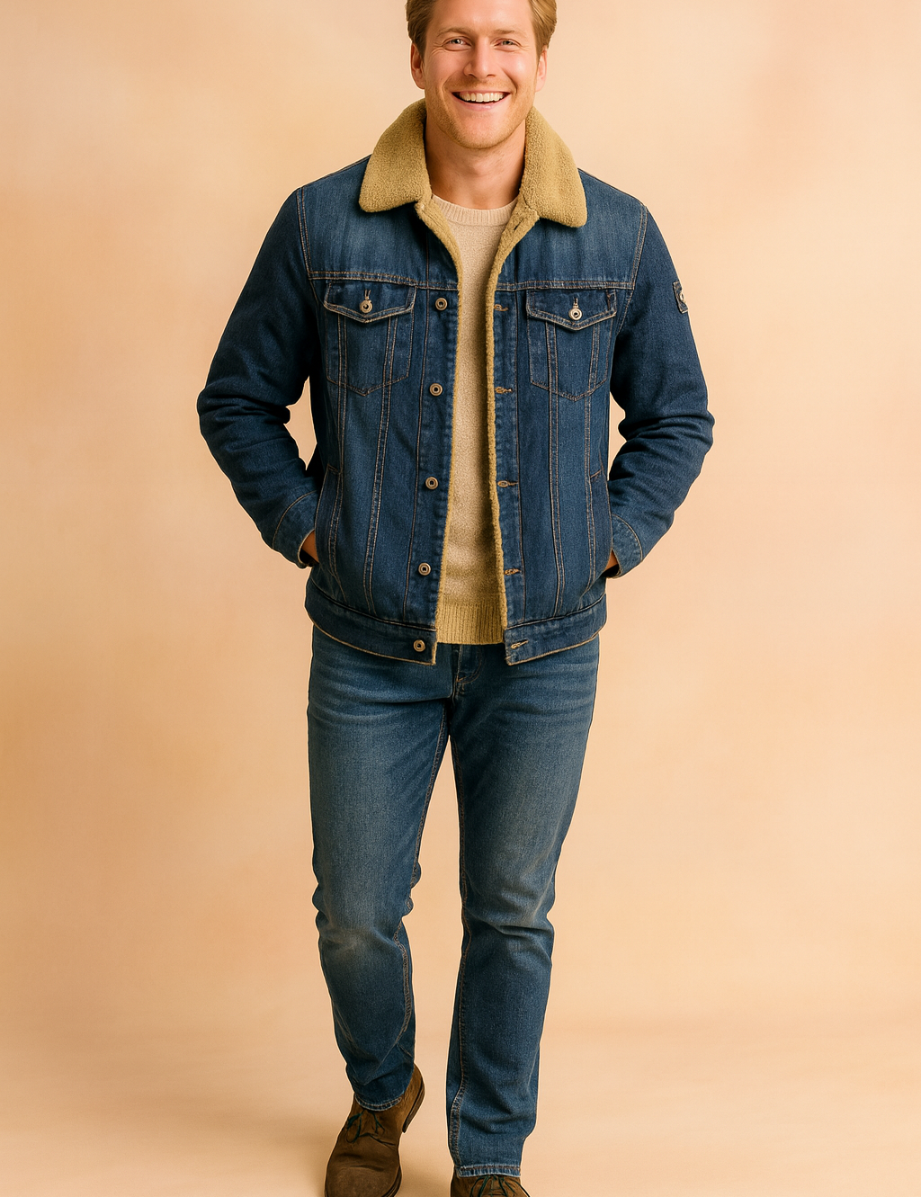 Classic denim jacket with shearling lining, button-down front, flap chest pockets, and structured seams, styled with slim blue jeans and brown suede lace-up shoes.