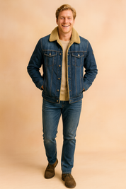 Classic denim jacket with shearling lining, button-down front, flap chest pockets, and structured seams, styled with slim blue jeans and brown suede lace-up shoes.