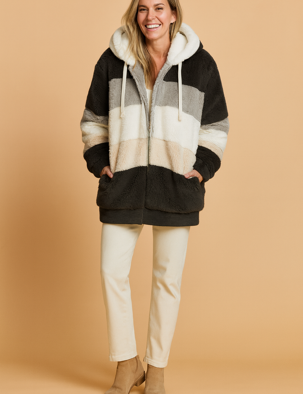 Cozy oversized faux fur hooded coat with color block design in black, grey, white, and beige, paired with cream straight-leg pants and beige ankle boots.