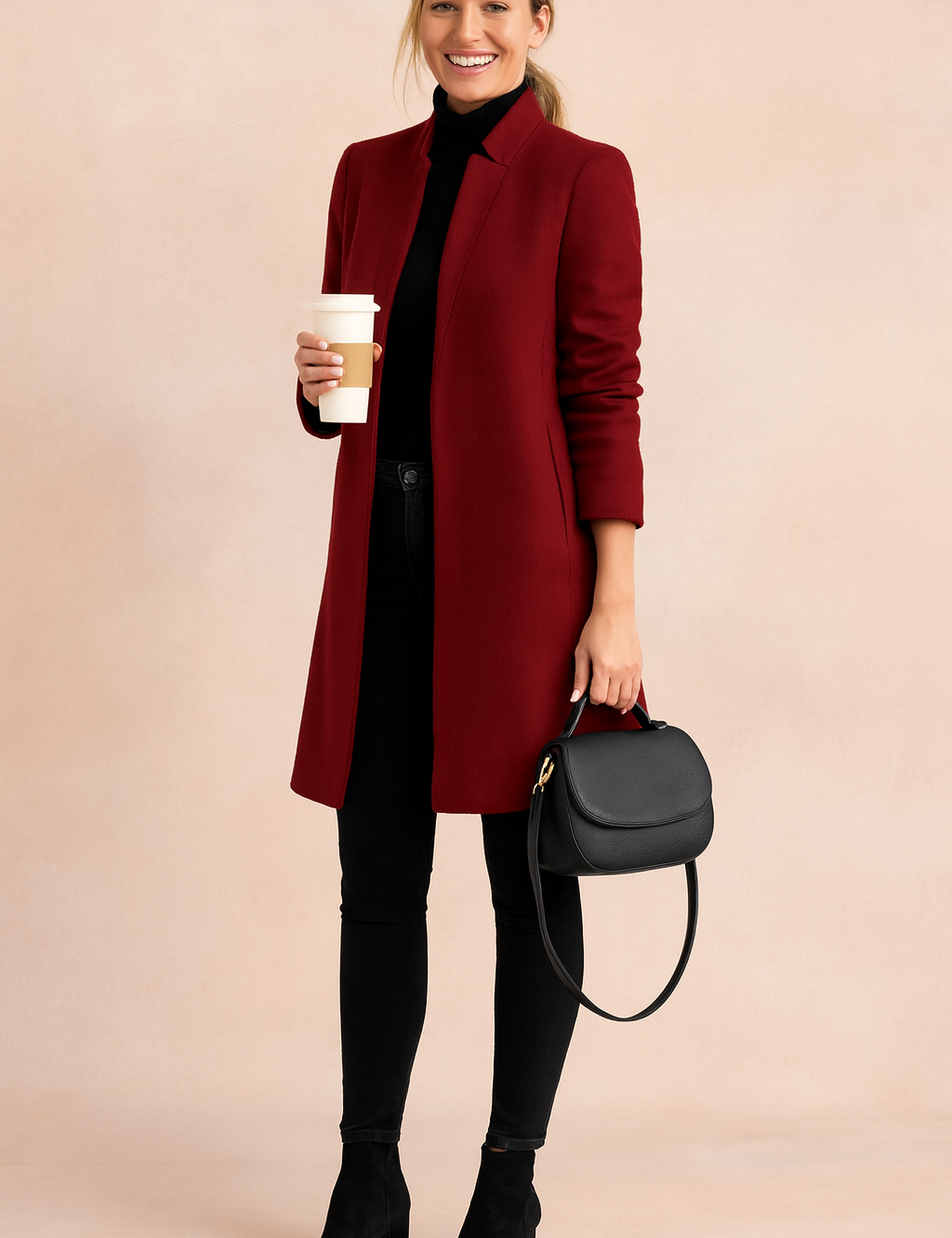 Deep red knee-length coat with clean tailored lines, worn over a fitted black turtleneck, paired with black skinny jeans, black suede ankle boots, and a structured black leather handbag.