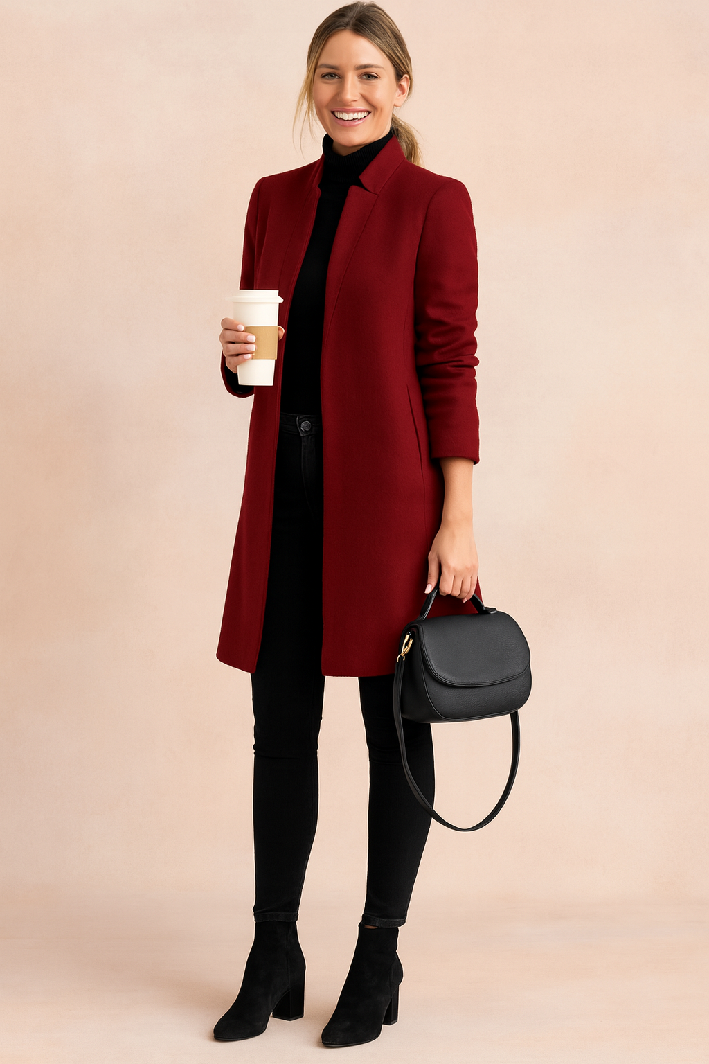 Deep red knee-length coat with clean tailored lines, worn over a fitted black turtleneck, paired with black skinny jeans, black suede ankle boots, and a structured black leather handbag.