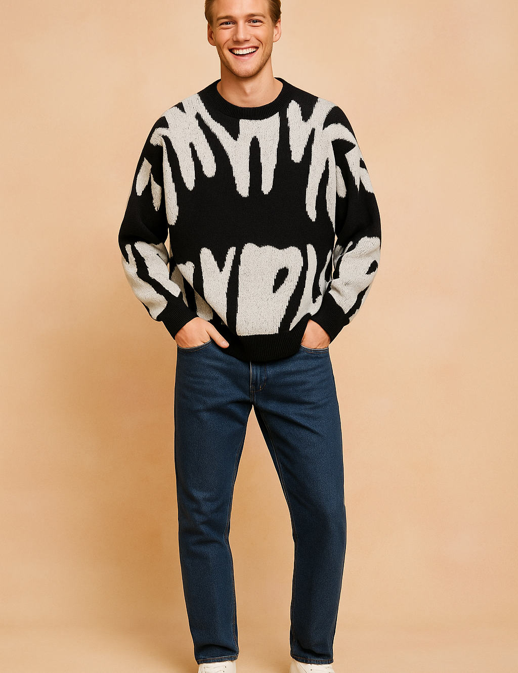 Black and white abstract-pattern knit sweater with a relaxed fit, crew neckline, and long sleeves, paired with classic blue jeans and white sneakers.