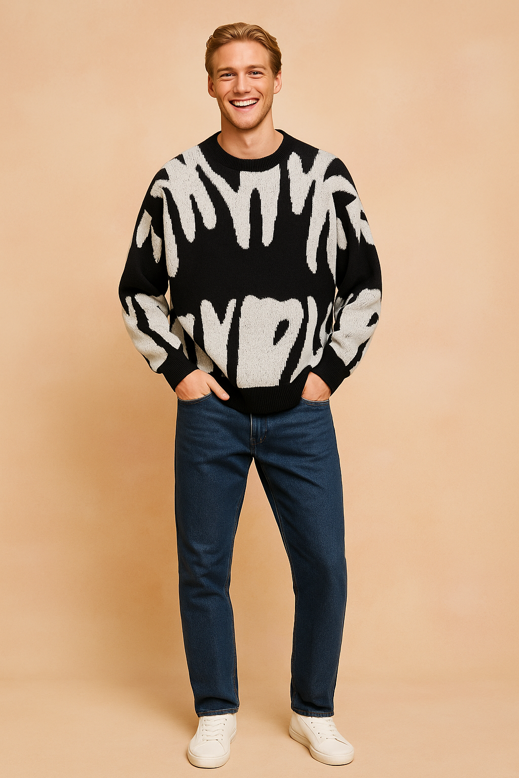 Black and white abstract-pattern knit sweater with a relaxed fit, crew neckline, and long sleeves, paired with classic blue jeans and white sneakers.