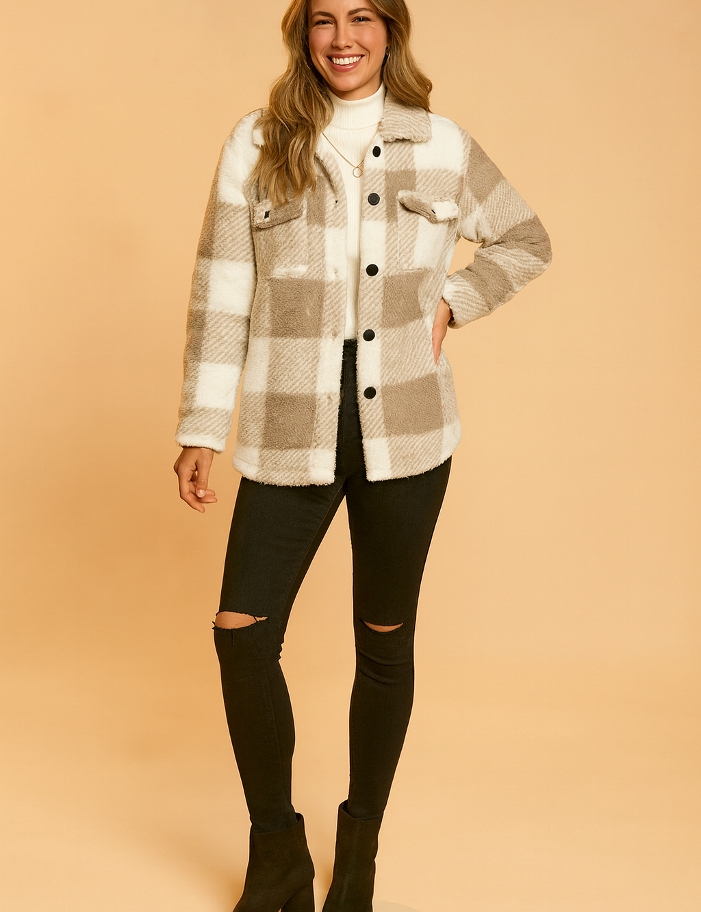  Beige and white plaid sherpa button-up jacket with dual chest flap pockets, worn over a ribbed ivory turtleneck sweater and paired with black ripped skinny jeans and black ankle boots.