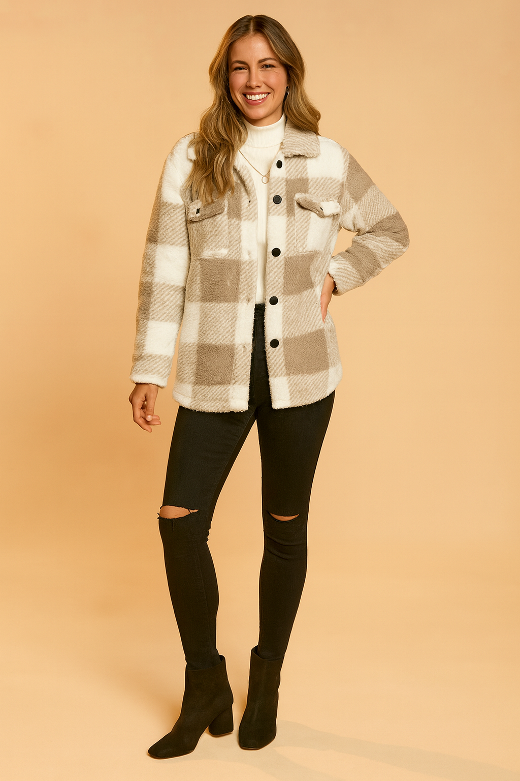  Beige and white plaid sherpa button-up jacket with dual chest flap pockets, worn over a ribbed ivory turtleneck sweater and paired with black ripped skinny jeans and black ankle boots.