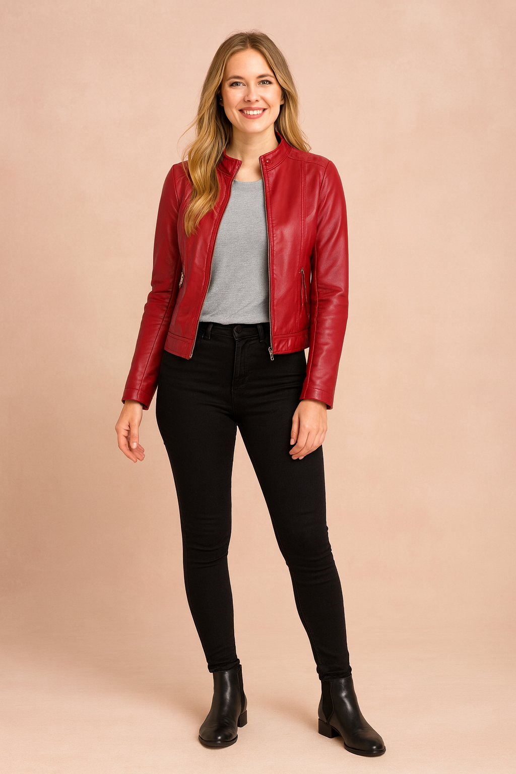 Fitted red faux leather jacket with zippered front, structured stitching, and silver zipper pocket details, styled with black skinny jeans and sleek black ankle boots.