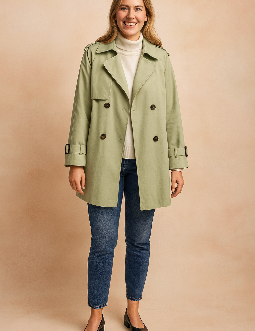 Sage green double-breasted trench coat with dark buttons, buckled cuff straps, and a structured collar, paired with a cream turtleneck sweater and slim-fit blue jeans.