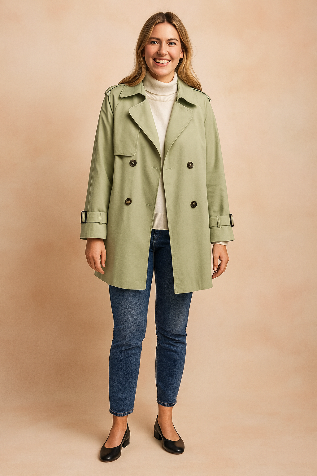 Sage green double-breasted trench coat with dark buttons, buckled cuff straps, and a structured collar, paired with a cream turtleneck sweater and slim-fit blue jeans.