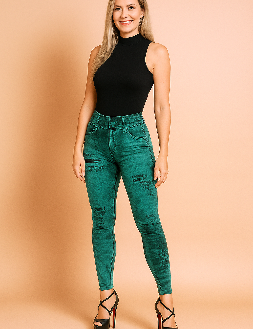High-waisted teal distressed leggings with a denim-look pattern, styled with black strappy stiletto heels.